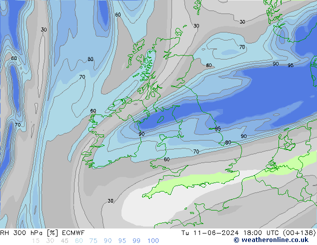 RH 300 hPa ECMWF Tu 11.06.2024 18 UTC