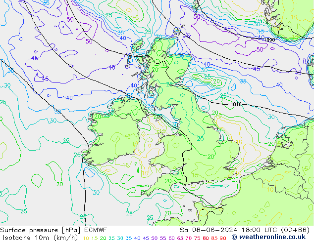 Isotachs (kph) ECMWF сб 08.06.2024 18 UTC