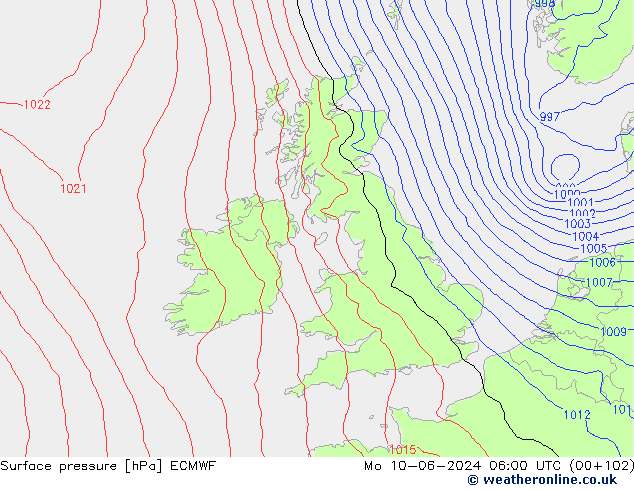 Presión superficial ECMWF lun 10.06.2024 06 UTC