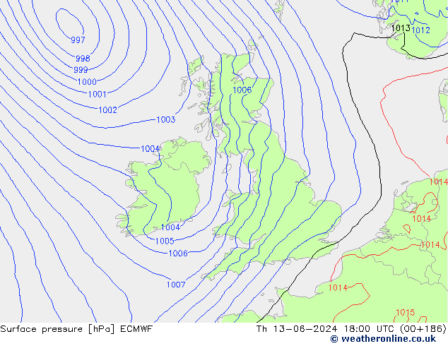 Surface pressure ECMWF Th 13.06.2024 18 UTC