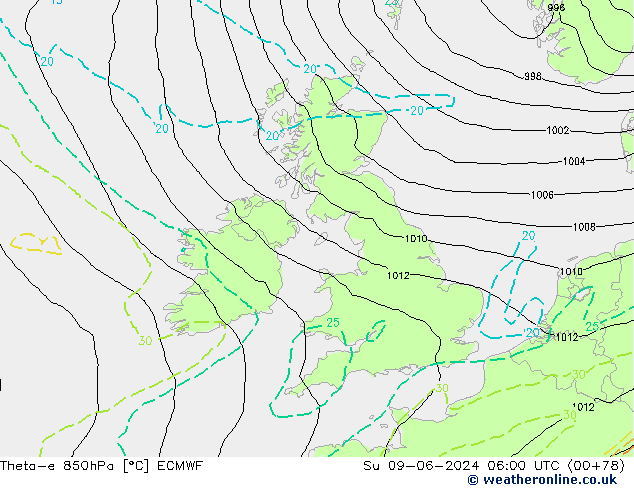 Theta-e 850hPa ECMWF zo 09.06.2024 06 UTC