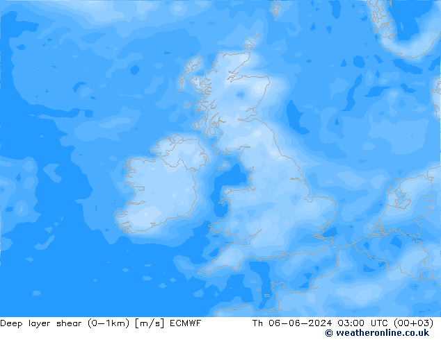 Deep layer shear (0-1km) ECMWF jue 06.06.2024 03 UTC