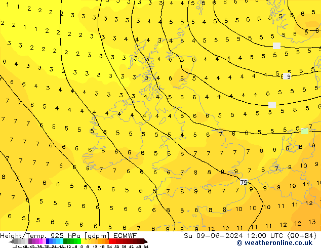 Geop./Temp. 925 hPa ECMWF dom 09.06.2024 12 UTC