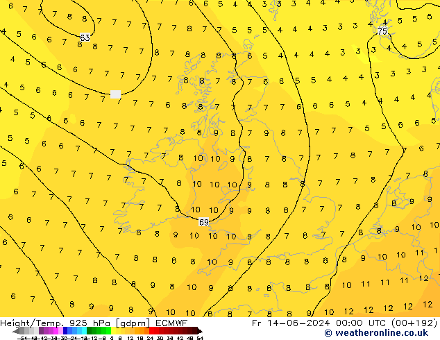 Yükseklik/Sıc. 925 hPa ECMWF Cu 14.06.2024 00 UTC