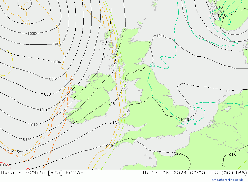 Theta-e 700hPa ECMWF Qui 13.06.2024 00 UTC