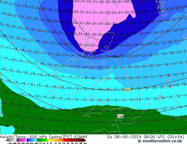 Z500/Rain (+SLP)/Z850 ECMWF сб 08.06.2024 06 UTC