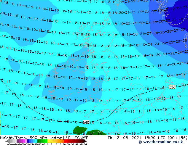 Z500/Rain (+SLP)/Z850 ECMWF Čt 13.06.2024 18 UTC