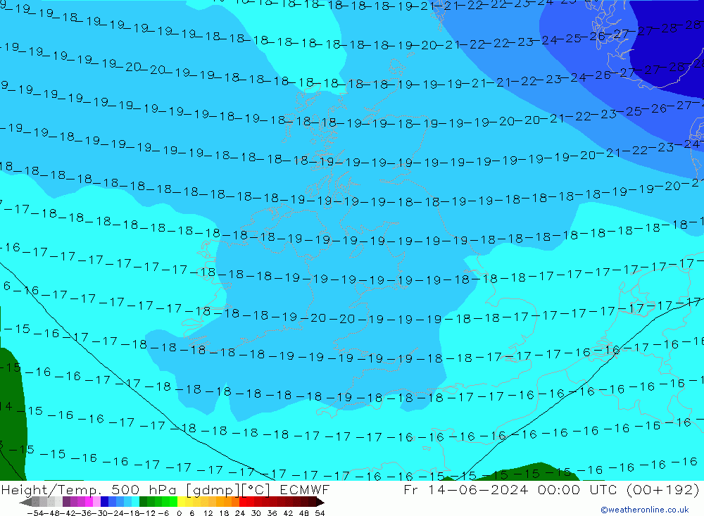 Hoogte/Temp. 500 hPa ECMWF vr 14.06.2024 00 UTC