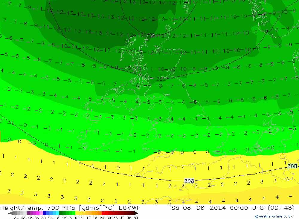 Height/Temp. 700 hPa ECMWF sab 08.06.2024 00 UTC