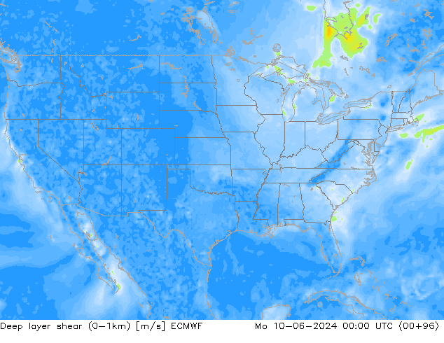 Deep layer shear (0-1km) ECMWF пн 10.06.2024 00 UTC