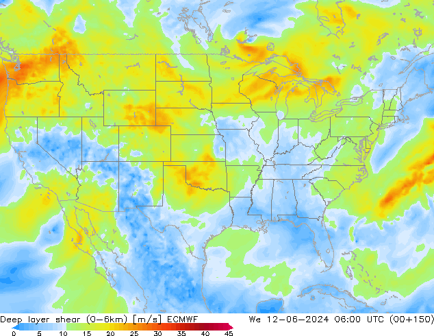 Deep layer shear (0-6km) ECMWF We 12.06.2024 06 UTC