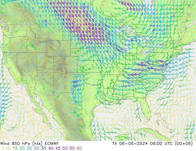 Wind 850 hPa ECMWF Čt 06.06.2024 06 UTC