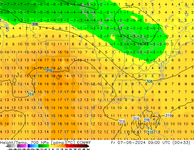 Height/Temp. 700 hPa ECMWF Fr 07.06.2024 09 UTC