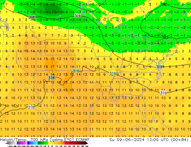 Géop./Temp. 700 hPa ECMWF dim 09.06.2024 12 UTC