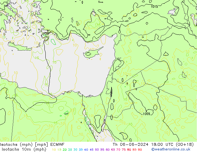 Isotachs (mph) ECMWF Čt 06.06.2024 18 UTC