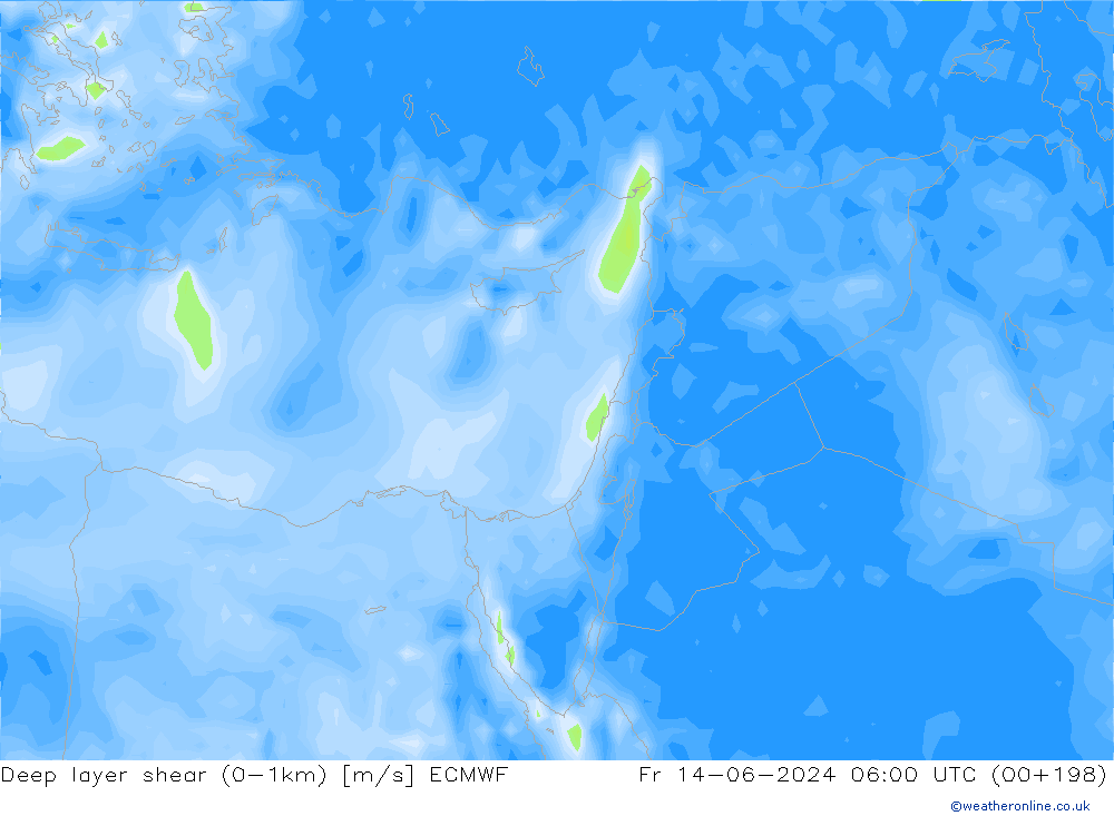 Deep layer shear (0-1km) ECMWF Sex 14.06.2024 06 UTC