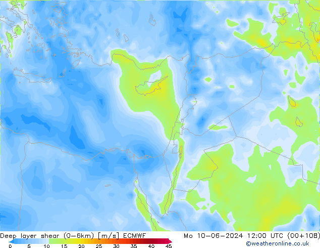 Deep layer shear (0-6km) ECMWF пн 10.06.2024 12 UTC