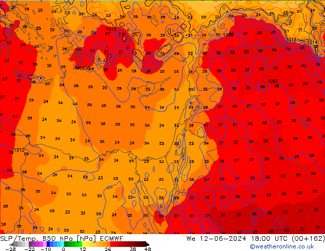 850 hPa Yer Bas./Sıc ECMWF Çar 12.06.2024 18 UTC