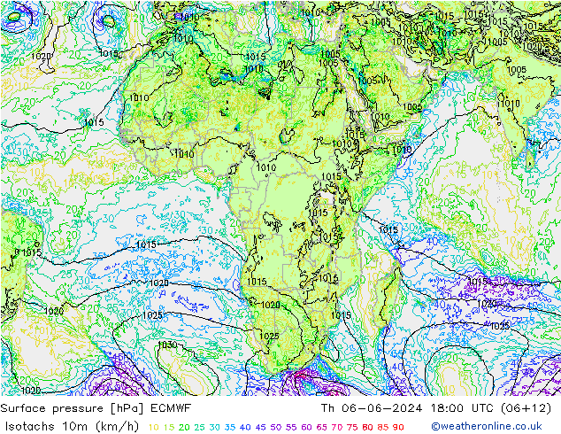 Isotachs (kph) ECMWF Th 06.06.2024 18 UTC