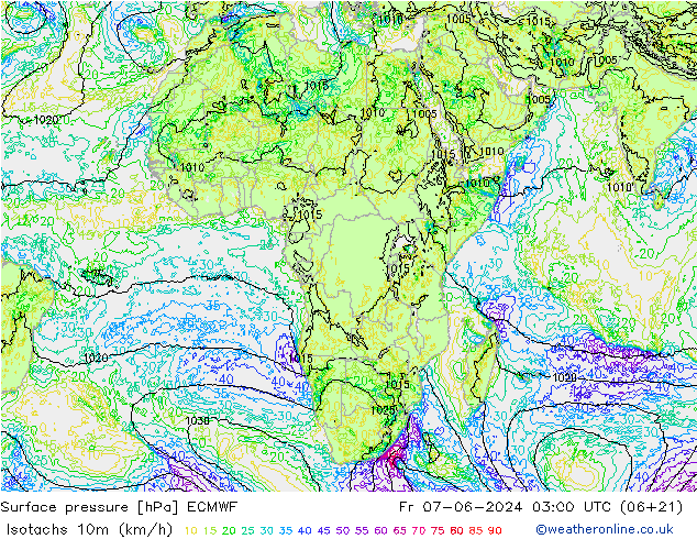 Isotachs (kph) ECMWF пт 07.06.2024 03 UTC