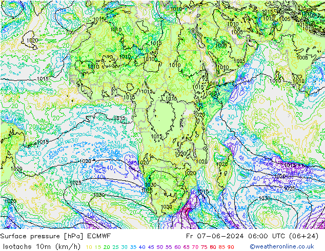 Isotachs (kph) ECMWF Fr 07.06.2024 06 UTC