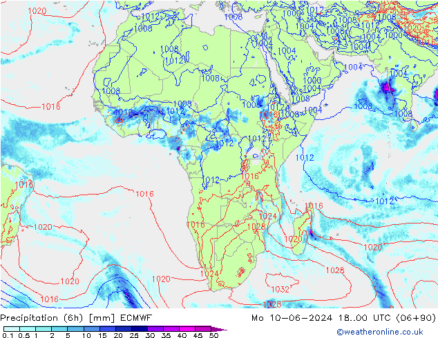 Precipitation (6h) ECMWF Po 10.06.2024 00 UTC