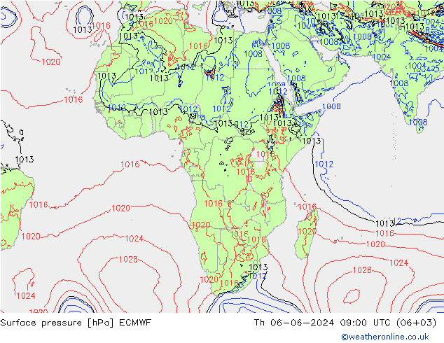 Presión superficial ECMWF jue 06.06.2024 09 UTC