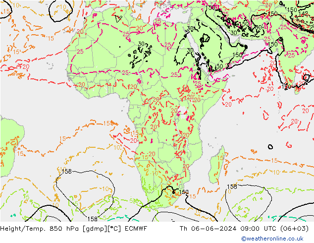 Geop./Temp. 850 hPa ECMWF jue 06.06.2024 09 UTC