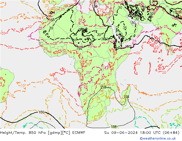Height/Temp. 850 гПа ECMWF Вс 09.06.2024 18 UTC