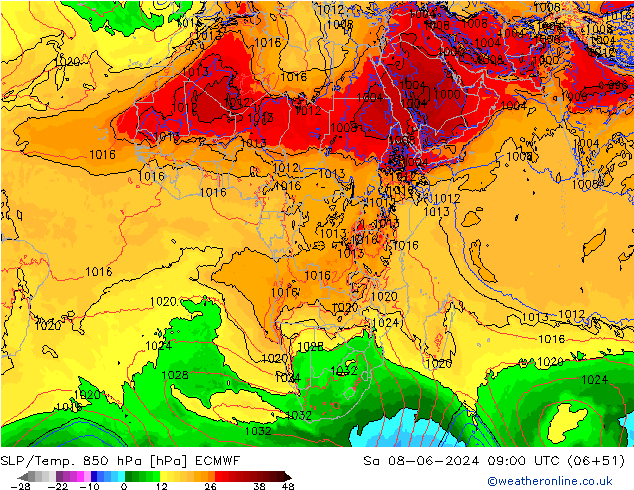 SLP/Temp. 850 hPa ECMWF Sa 08.06.2024 09 UTC