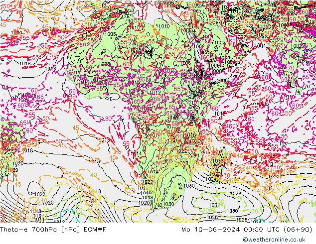 Theta-e 700hPa ECMWF Mo 10.06.2024 00 UTC