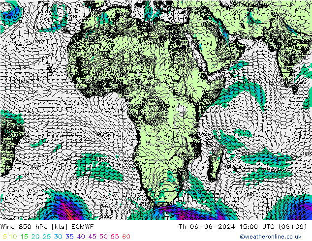 Vento 850 hPa ECMWF gio 06.06.2024 15 UTC