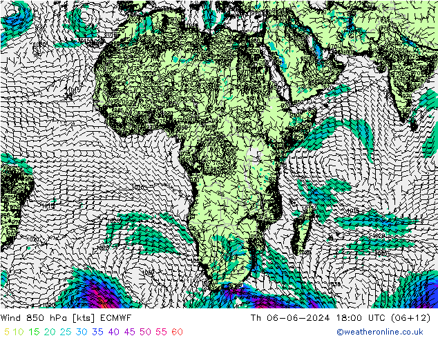 Viento 850 hPa ECMWF jue 06.06.2024 18 UTC