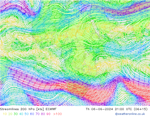 Linea di flusso 200 hPa ECMWF gio 06.06.2024 21 UTC