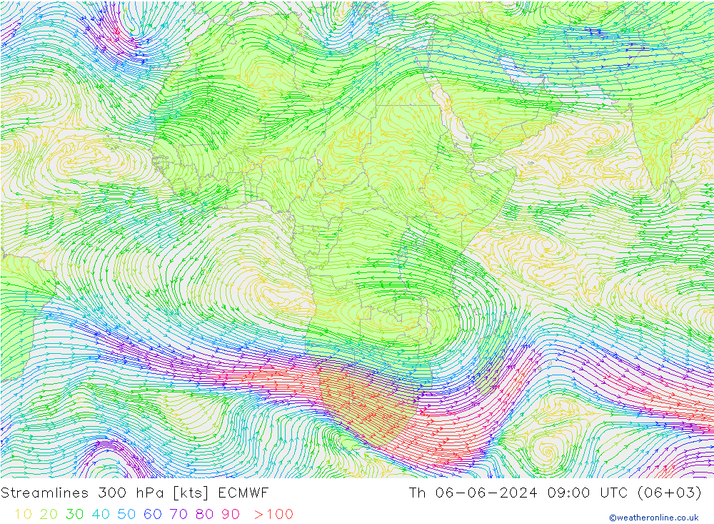 Línea de corriente 300 hPa ECMWF jue 06.06.2024 09 UTC