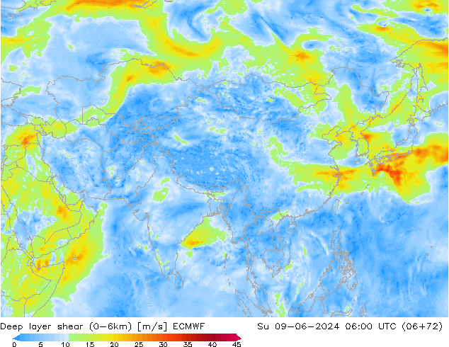 Deep layer shear (0-6km) ECMWF zo 09.06.2024 06 UTC