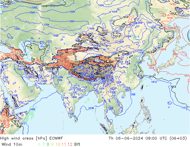 High wind areas ECMWF Qui 06.06.2024 09 UTC