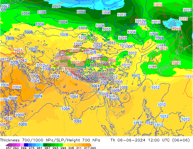 Thck 700-1000 hPa ECMWF czw. 06.06.2024 12 UTC