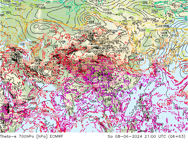 Theta-e 700hPa ECMWF So 08.06.2024 21 UTC