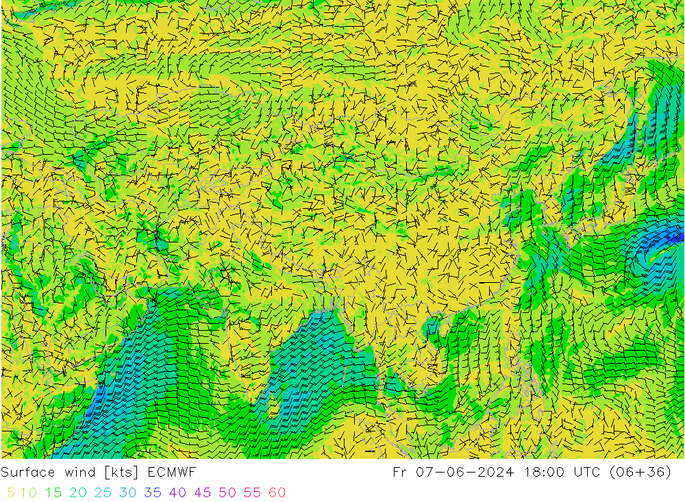 Rüzgar 10 m ECMWF Cu 07.06.2024 18 UTC