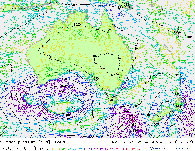 Isotachs (kph) ECMWF Mo 10.06.2024 00 UTC