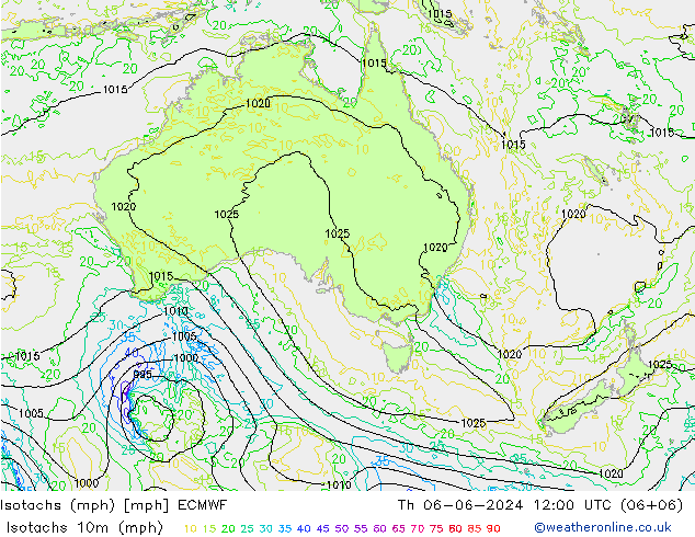 Isotachen (mph) ECMWF Do 06.06.2024 12 UTC