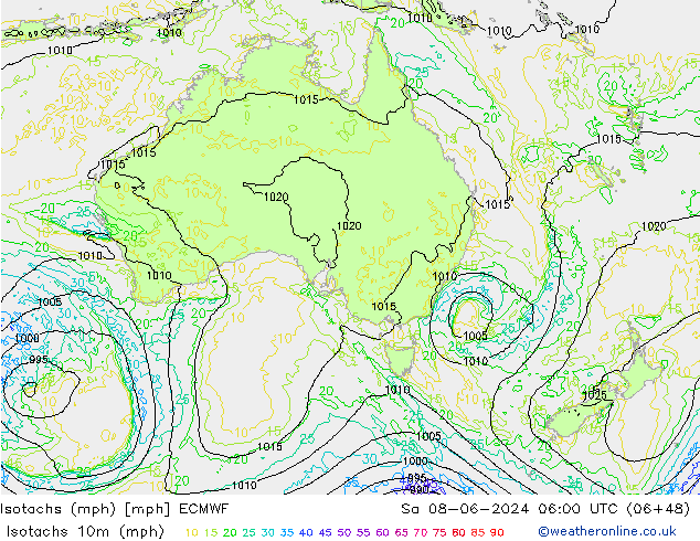 Isotachs (mph) ECMWF Sáb 08.06.2024 06 UTC