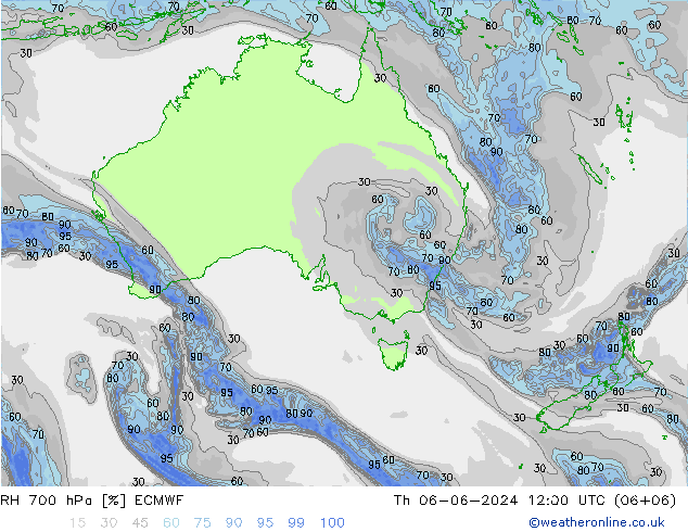 RH 700 hPa ECMWF czw. 06.06.2024 12 UTC