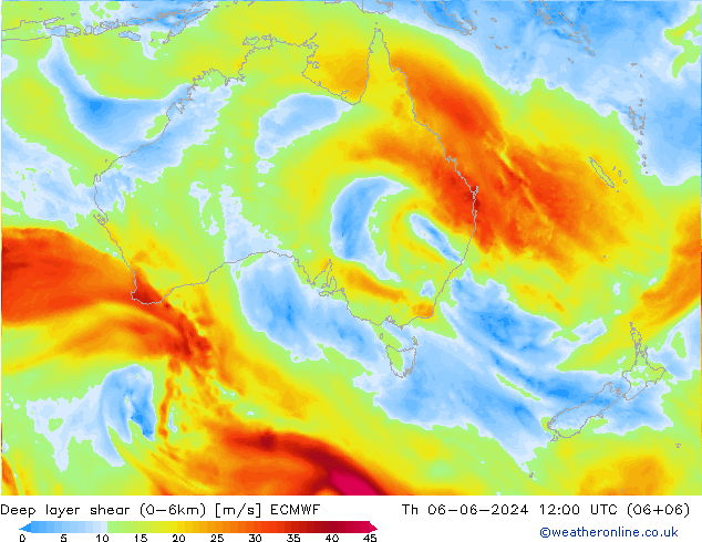 Deep layer shear (0-6km) ECMWF czw. 06.06.2024 12 UTC