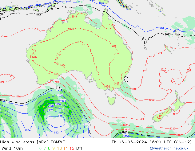 High wind areas ECMWF Čt 06.06.2024 18 UTC