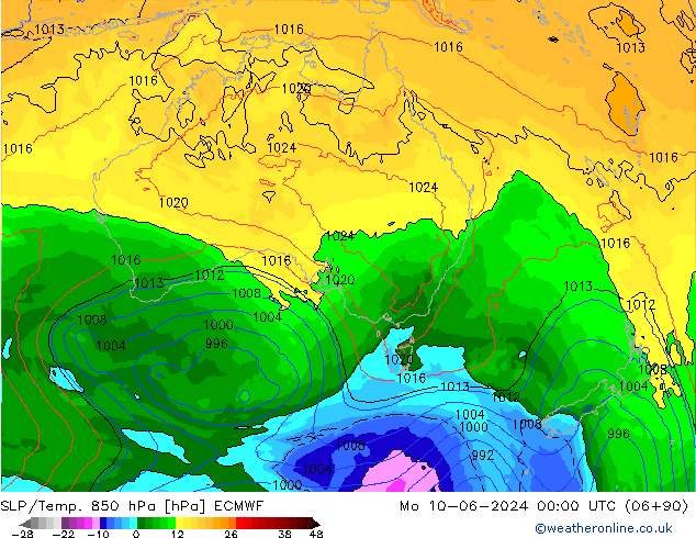 SLP/Temp. 850 hPa ECMWF pon. 10.06.2024 00 UTC