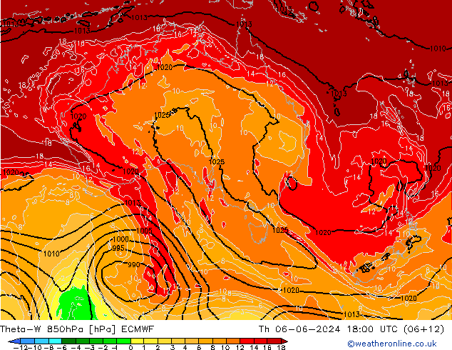 Theta-W 850hPa ECMWF Čt 06.06.2024 18 UTC