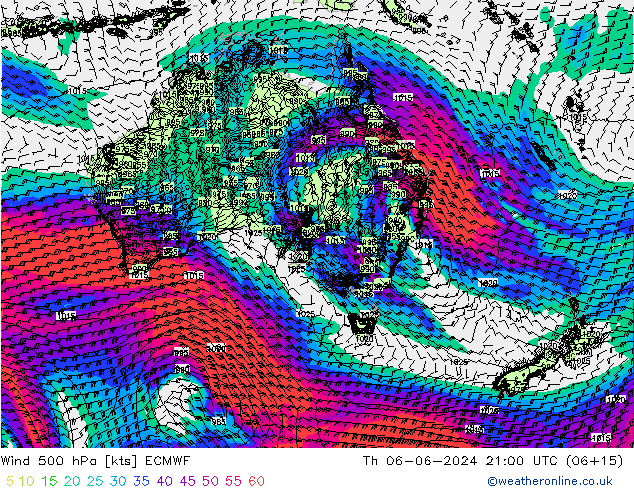 Vento 500 hPa ECMWF gio 06.06.2024 21 UTC