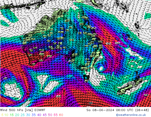 Wind 500 hPa ECMWF Sa 08.06.2024 06 UTC